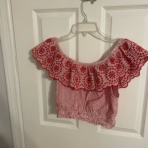 Red and white striped cropped flamenco sleeves BCBG top